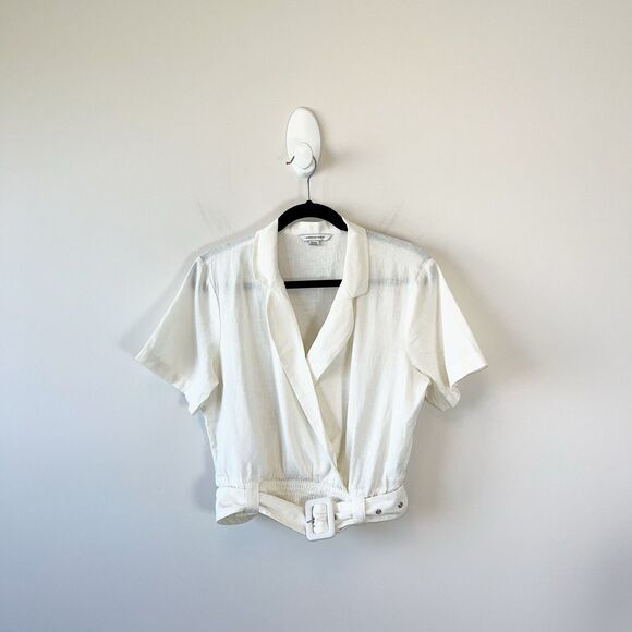 American Eagle Outfitters Tops - American Eagle Cropped Linen Blend Belted Surplice Blouse Top Cream Size Medium